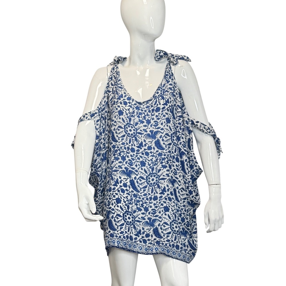 Natalie Martin Hand Painted Batik Draped Cover Up Mini Dress Cold Shoulder OS - Picture 4 of 9